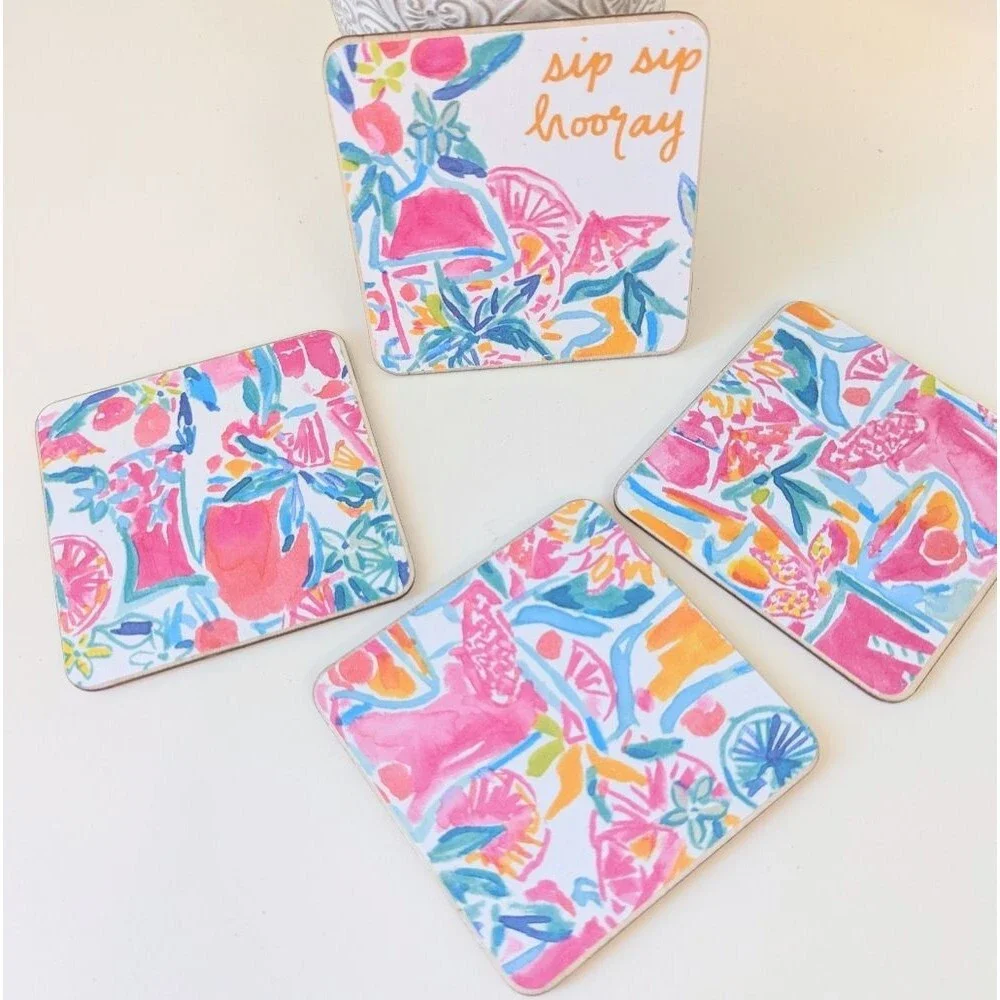 Set Of 4 Handmade Coasters Preppy Coastal Cottage Beachy Entertaining Hostess